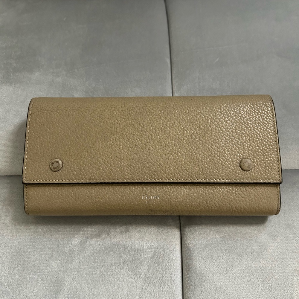 Auth CELINE Large Flap Multifunction Long Wallet Purse Leather Beige Red used